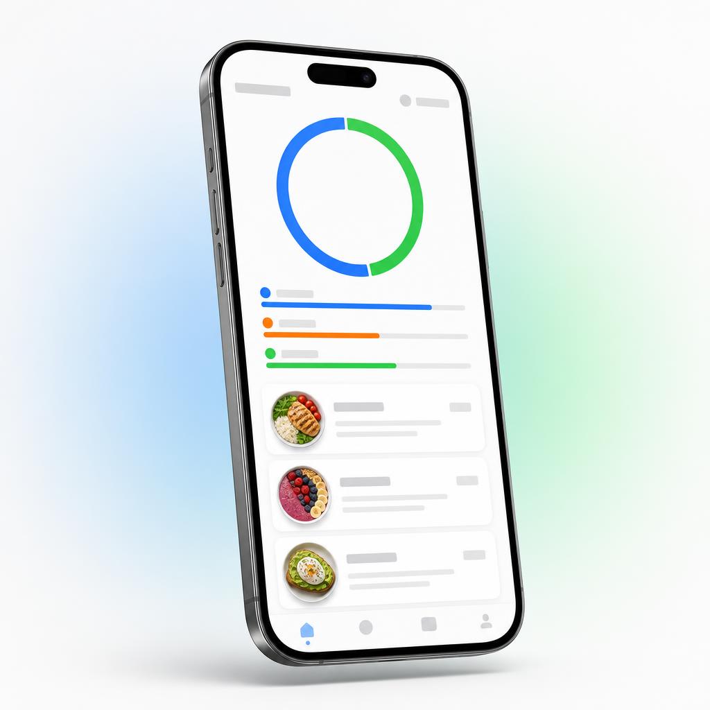 App NUVI mostrando dashboard de calorias e macronutrientes