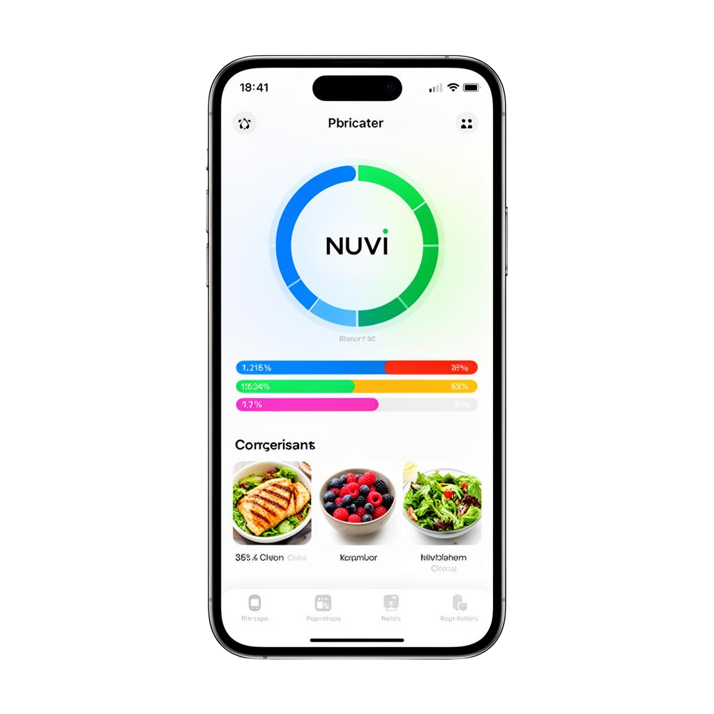 App NUVI mostrando dashboard de calorias e macronutrientes